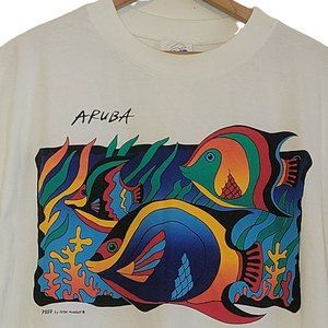 aruba vtg t shirt white mussfeldt colorful fish peerwear cotton single stitch xl